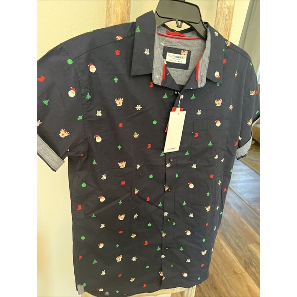 EIGHTH AVENUE MENS SHORT SLEEVE BUTTON FRONT CHRISTMAS THEMED SHIRT SM Slim Fit - Picture 11 of 12